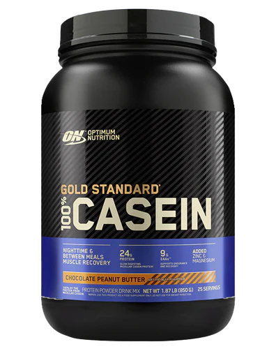 A container of Optimum Nutrition Gold Standard 100% Casein protein powder in Chocolate Peanut Butter flavor.