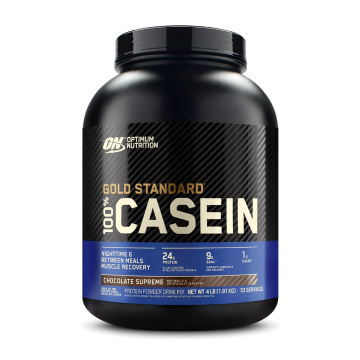 A container of Optimum Nutrition Gold Standard 100% Casein protein powder in Chocolate Peanut Butter flavor.