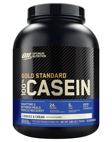 A container of Optimum Nutrition Gold Standard 100% Casein protein powder in Chocolate Peanut Butter flavor.