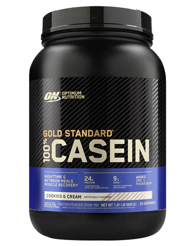 A container of Optimum Nutrition Gold Standard 100% Casein protein powder in Chocolate Peanut Butter flavor.