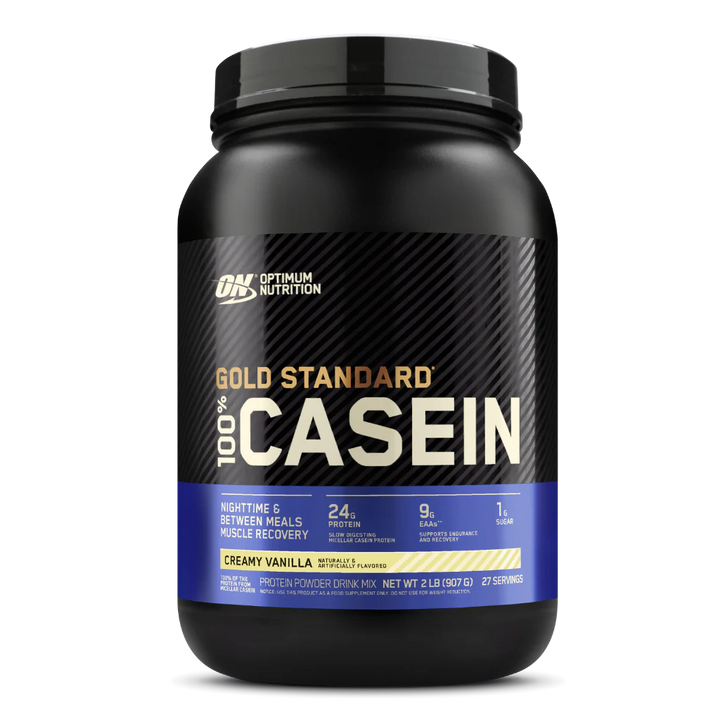 A container of Optimum Nutrition Gold Standard 100% Casein protein powder in Chocolate Peanut Butter flavor.
