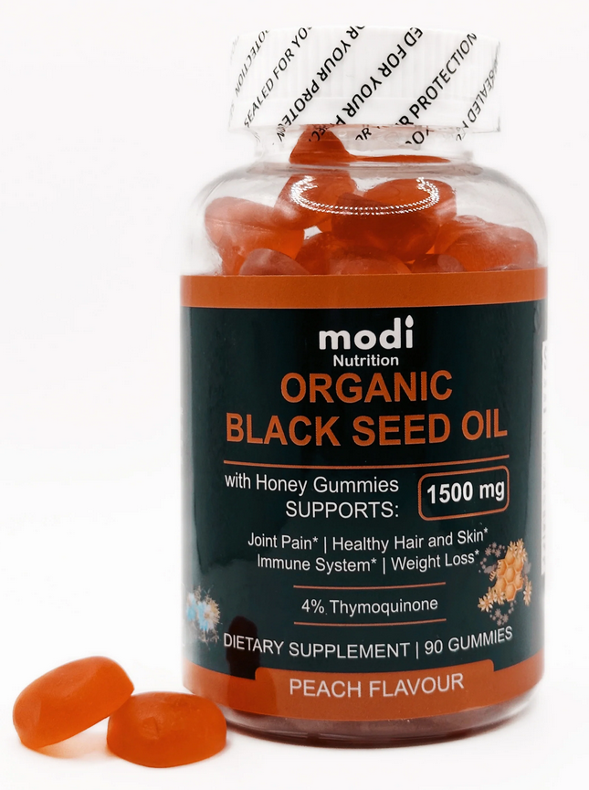 Bottle of Modi Nutrition Organic Black Seed Oil gummies with peach flavor on a white background