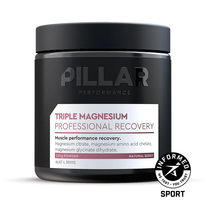 A black tub of Pillar Performance Triple Magnesium Professional Recovery in natural berry flavour, 200g powder