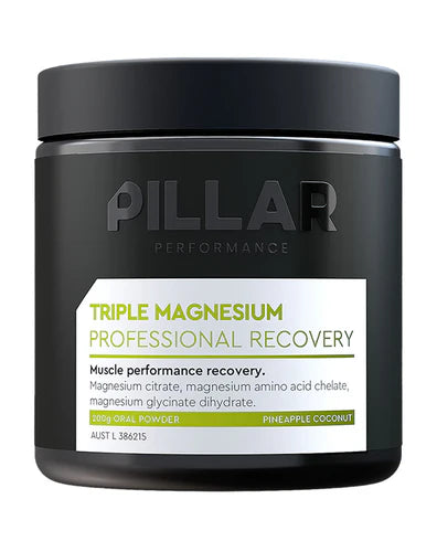 A black tub of Pillar Performance Triple Magnesium Professional Recovery in pineapple coconut flavour, 200g powder