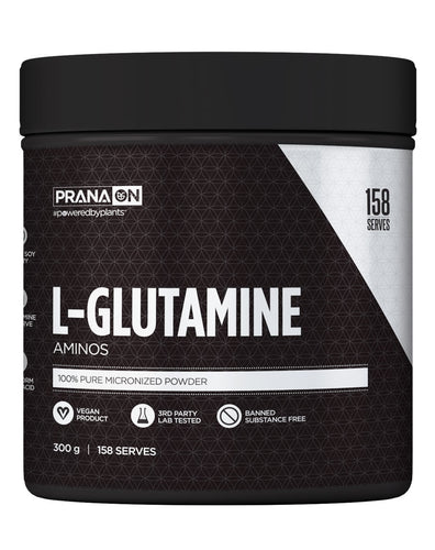 Prana On L-Glutamine 300 g tub showing black label with white text highlighting 158 serves and vegan amino powder