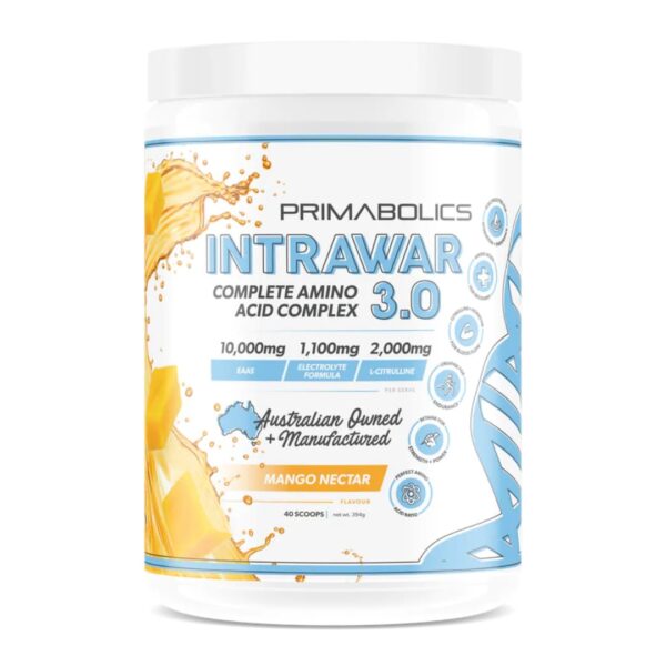 A container of Primabolics IntraWar 3.0 supplement powder in Mango Nectar flavor.