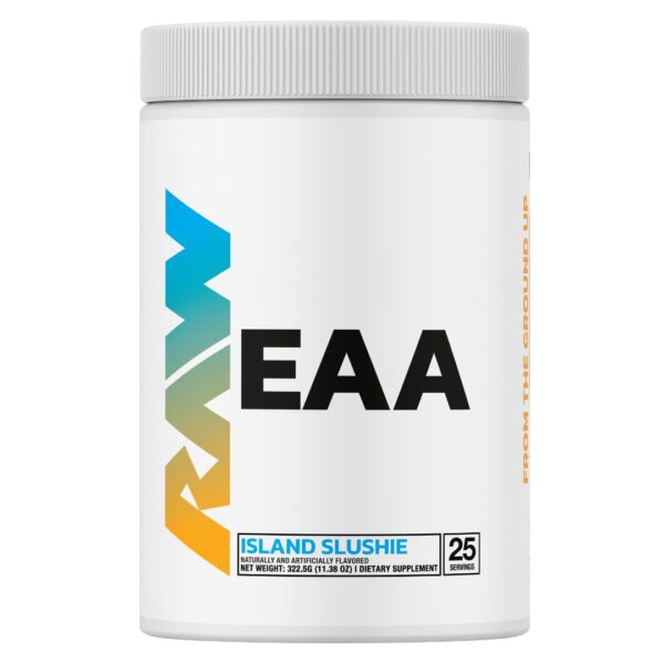 A container of Raw Nutrition Essential EAA in Island Slushie flavor, with a white background and colorful text and logo.