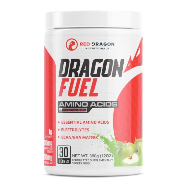 A container of Red Dragon Nutritionals Dragon Fuel amino acids powder with red and white branding, indicating essential amino acids, electrolytes, and BCAA/EAA matrix.