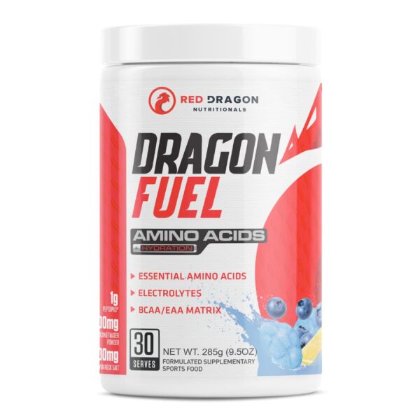 A container of Red Dragon Nutritionals Dragon Fuel amino acids powder with red and white branding, indicating essential amino acids, electrolytes, and BCAA/EAA matrix.
