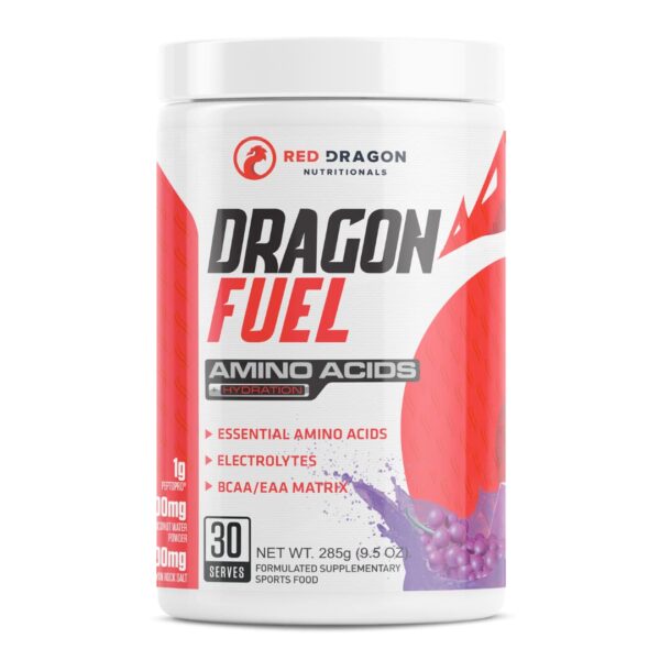 A container of Red Dragon Nutritionals Dragon Fuel amino acids powder with red and white branding, indicating essential amino acids, electrolytes, and BCAA/EAA matrix.