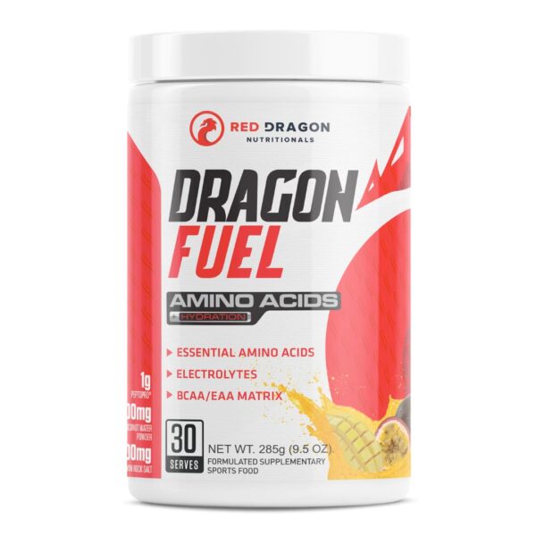 A container of Red Dragon Nutritionals Dragon Fuel amino acids powder with red and white branding, indicating essential amino acids, electrolytes, and BCAA/EAA matrix.