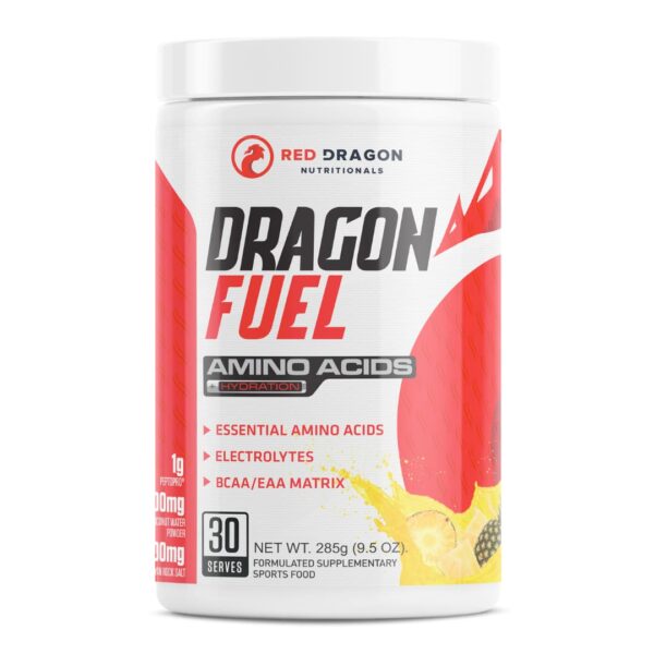 A container of Red Dragon Nutritionals Dragon Fuel amino acids powder with red and white branding, indicating essential amino acids, electrolytes, and BCAA/EAA matrix.