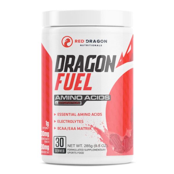 A container of Red Dragon Nutritionals Dragon Fuel amino acids powder with red and white branding, indicating essential amino acids, electrolytes, and BCAA/EAA matrix.