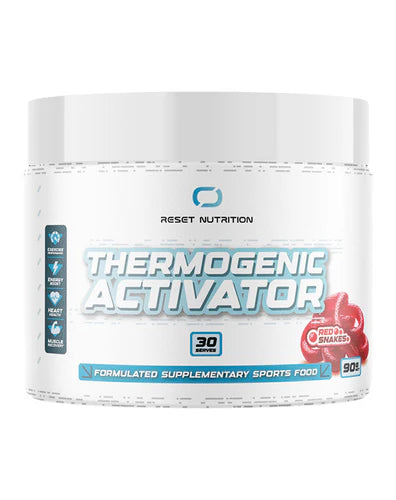 A container of Reset Nutrition Thermogenic Activator, which is a formulated supplementary sports food.