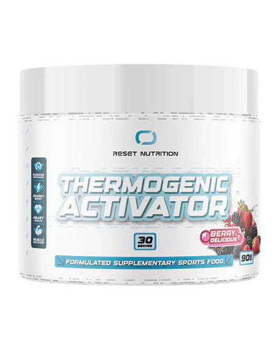 A container of Reset Nutrition Thermogenic Activator, which is a formulated supplementary sports food.