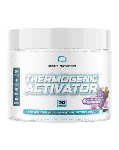 A container of Reset Nutrition Thermogenic Activator, which is a formulated supplementary sports food.