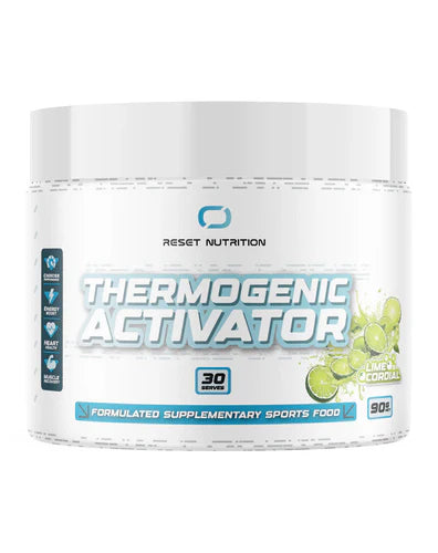 A container of Reset Nutrition Thermogenic Activator, which is a formulated supplementary sports food.
