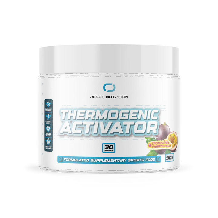 A container of Reset Nutrition Thermogenic Activator, which is a formulated supplementary sports food.