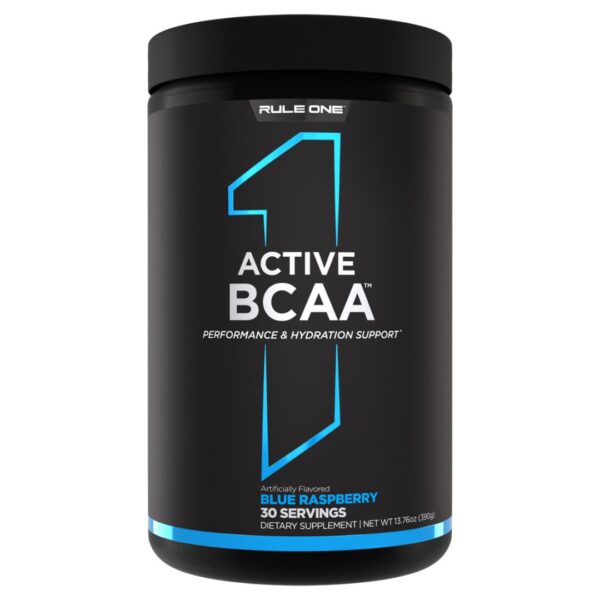 A container of RULE 1 R1 ACTIVE BCAA supplement powder in blue raspberry flavor.