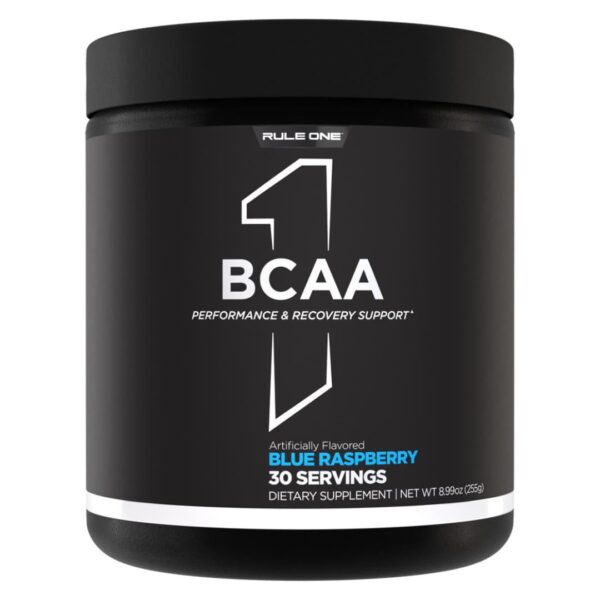 A container of RULE 1 R1 BCAA supplement powder with a label indicating Blue Raspberry flavor, 30 servings, and artificial flavoring.