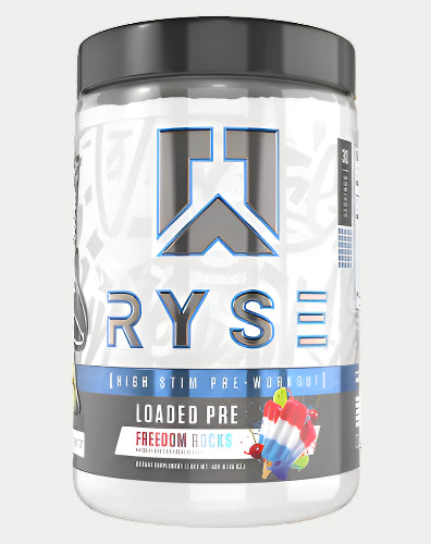 RYS pre-workout supplement container with black lid on a white background