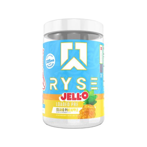 Container of Ryse Loaded Pre Workout supplement with graphics and text indicating the product name and features.