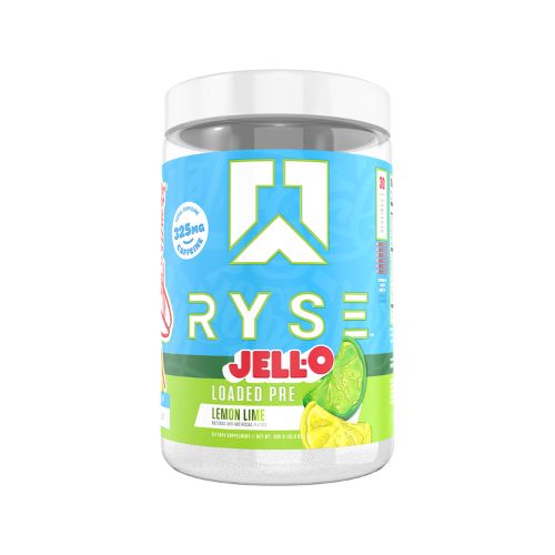 Container of Ryse Loaded Pre Workout supplement with graphics and text indicating the product name and features.