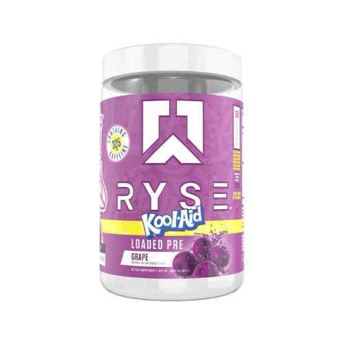 Container of Ryse Loaded Pre Workout supplement with graphics and text indicating the product name and features.