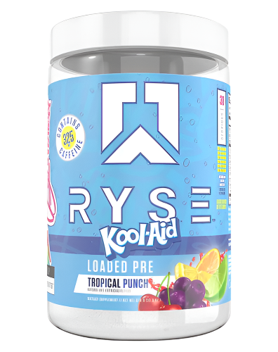 Container of Ryse Loaded Pre Workout supplement with graphics and text indicating the product name and features.