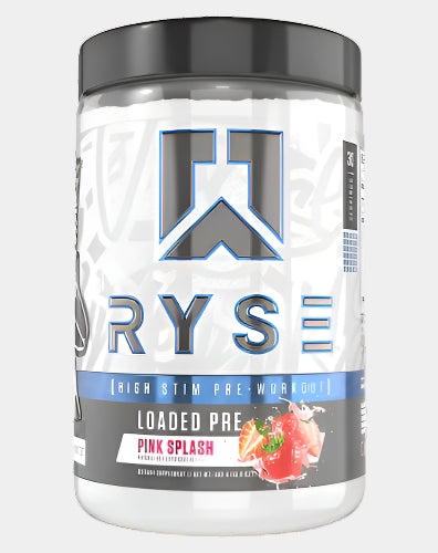 RYS pre-workout supplement container with pink splash flavor on a white background