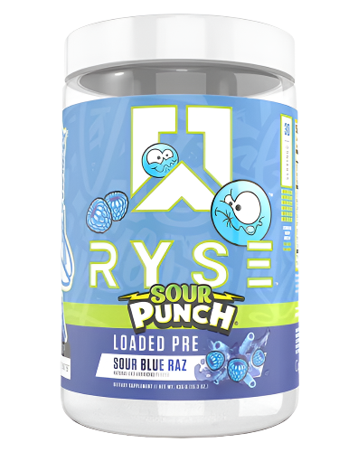 Container of Ryse Loaded Pre Workout supplement with graphics and text indicating the product name and features.