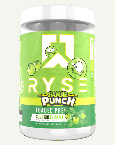 Ryse Sour Punch Loaded Pre workout supplement container on a white background
