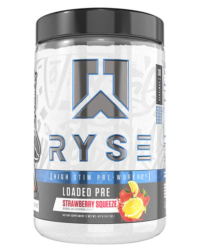 Container of Ryse Loaded Pre Workout supplement with graphics and text indicating the product name and features.