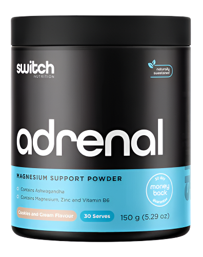 A container of Adrenal Switch magnesium support powder by Switch Nutrition. The container is black with a blue label, and it is marked as Cookies and cream flavor with 30 serves, weighing 150 grams.