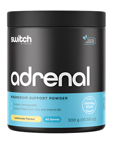 A container of Adrenal Switch magnesium support powder by Switch Nutrition. The container is black with a blue label, and it is marked as Lemonade flavor with 30 serves, weighing 150 grams.