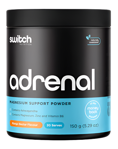 A container of Adrenal Switch magnesium support powder by Switch Nutrition. The container is black with a blue label, and it is marked as pineapple flavor with 30 serves, weighing 150 grams.