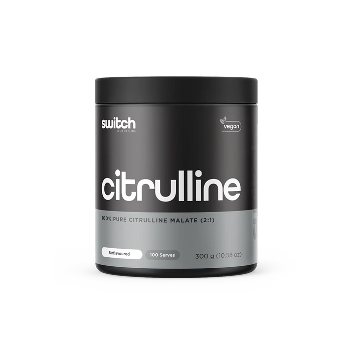 A container of Switch Nutrition Citrulline Malate, which is 100% pure citrulline malate powder.