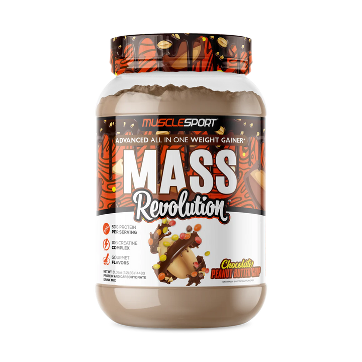 Front view of MuscleSport Mass Revolution weight gainer tub in Chocolate Peanut Butter Cup flavour with chocolate and peanut butter design