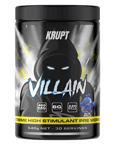 A container of Villain by Krupt supplement, which is a high-stim pre-workout supplement, with a graphic design and product information on the label.