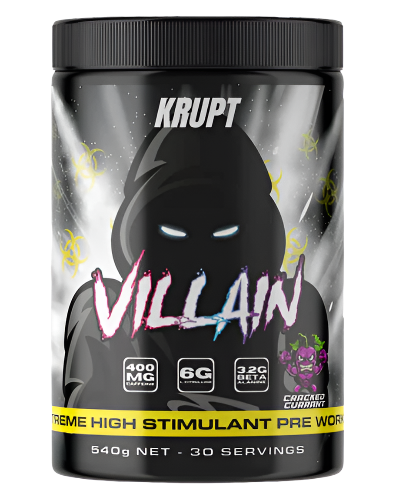 A container of Villain by Krupt pre workout supplement with a graphic design and product information on the label.