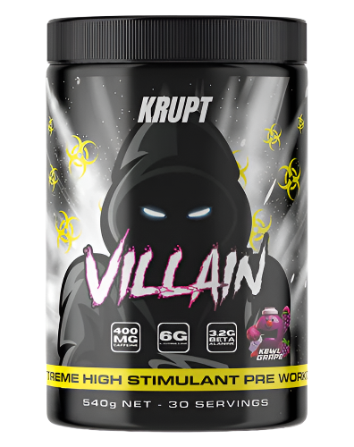 A container of Villain by Krupt supplement, which is a high-stim pre-workout supplement, with a graphic design and product information on the label.