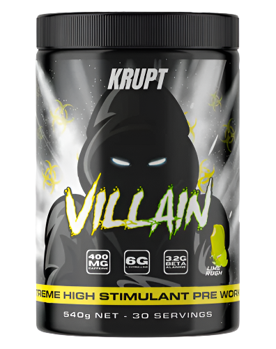 A container of Villain by Krupt supplement, which is a high-stim pre-workout supplement, with a graphic design and product information on the label.
