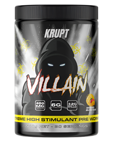 A container of Villain by Krupt supplement, which is a high-stim pre-workout supplement, with a graphic design and product information on the label.
