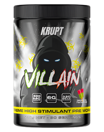 A container of Villain by Krupt supplement, which is a high-stim pre-workout supplement, with a graphic design and product information on the label.