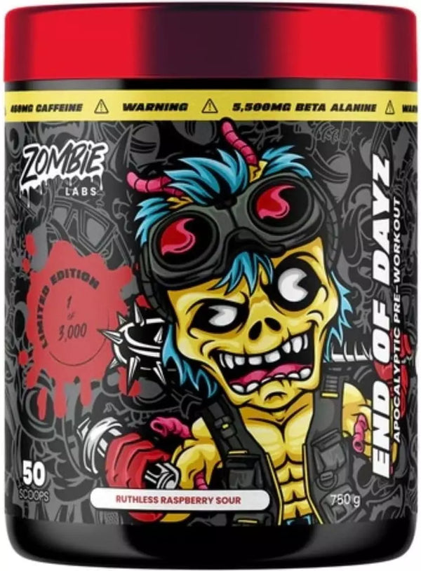 A container of End of Dayz Apocalyptic Pre Workout by Zombie Labs with a colorful design featuring a cartoonish zombie character, warning label, and product information.